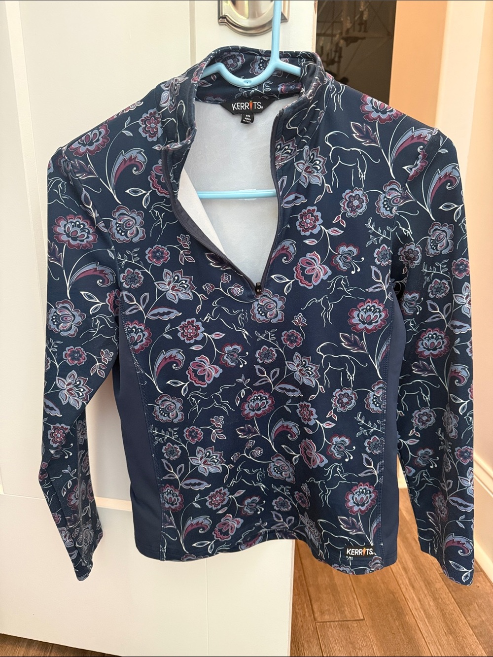 Kerrits Navy Floral Long Sleeve Riding Top with Pink Accents, fleece lined